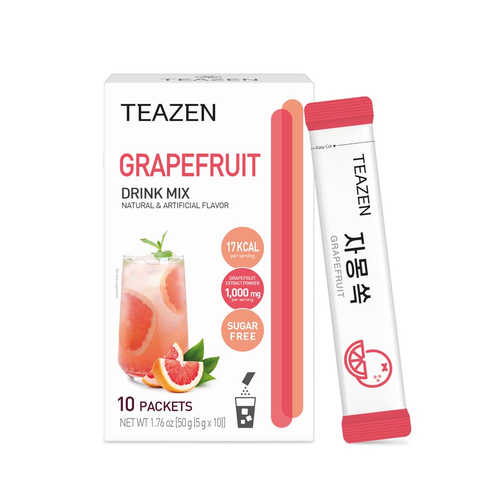 TEAZEN Grapefruit Tea Powder, Sugar Free, Hibiscus and Green Tea, Powdered Mix Beverage from Korea, On-the-Go 10 Packets