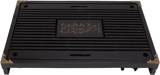 Chinese Tea Tray Drawer Type Wooden Drainage Water Storage Gongfu Tea Table Set for Home (Black)