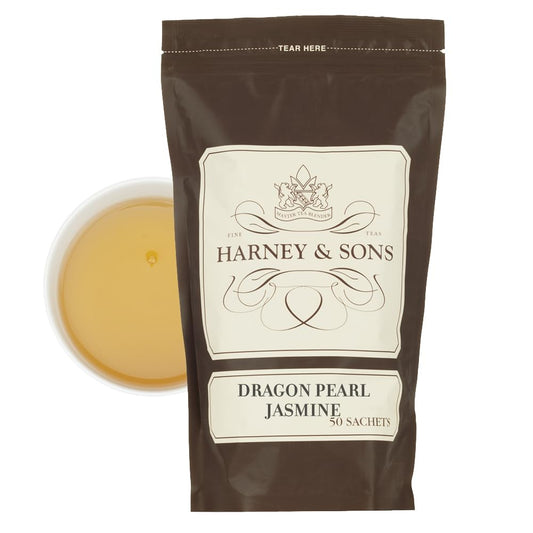 Harney &amp; Sons Dragon Pearl Jasmine Tea Sachets, 50 Count | Hand-rolled jasmine green tea pearls from China. Contains caffeine.