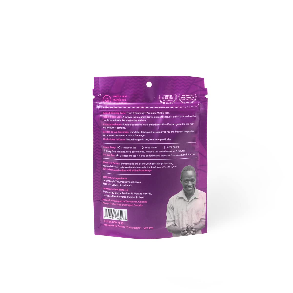 JusTea PURPLE MINT Loose Leaf Purple Tea, 40+ Cups Pouch, 1/5 Caffeine | Fair-Trade PURPLE MINT Loose Leaf Purple Tea. 60g/2.1oz Resealable Pouch. Steeps 40+ cups. 1/5 Caffeine. Organic.