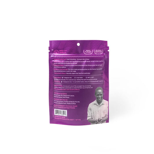 JusTea PURPLE MINT Loose Leaf Purple Tea, 40+ Cups Pouch, 1/5 Caffeine | Fair-Trade PURPLE MINT Loose Leaf Purple Tea. 60g/2.1oz Resealable Pouch. Steeps 40+ cups. 1/5 Caffeine. Organic.