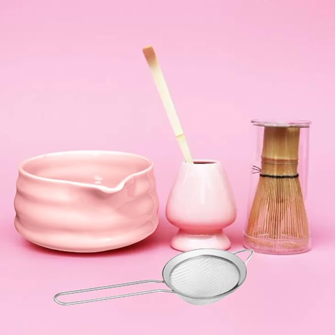 Cute Pink Matcha Whisk Set of 5 for Matcha Tea,Matcha Powder Kit（Bowl with Spout+bamboo Whisk and Holder+Strainer+Scoop）for Macha Starter Making