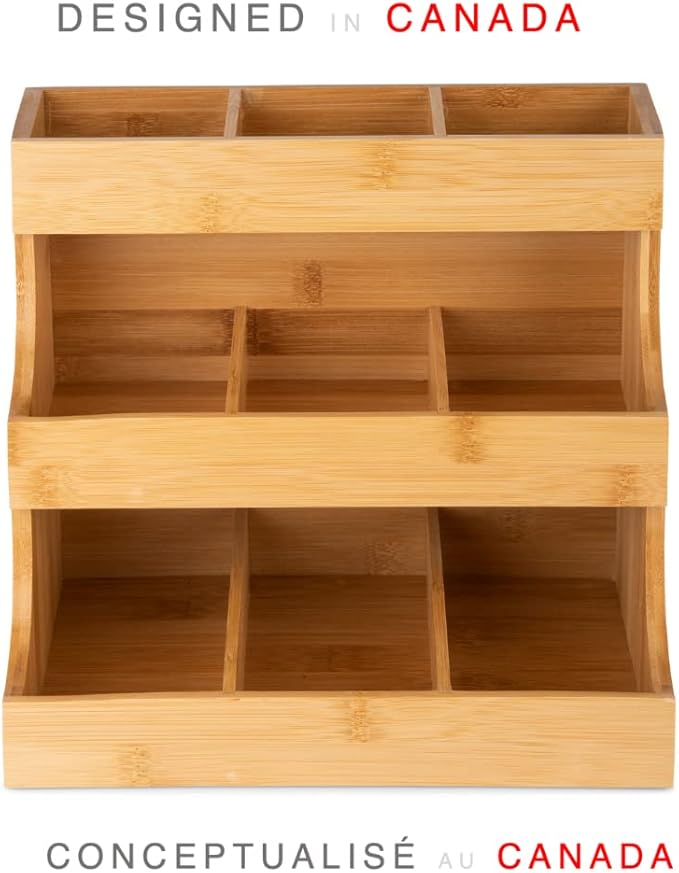 Theodore Vertical Bamboo Tea Organizer – Holds 180 Tea Bags – Compact Wooden Tea Storage Box for Home, Kitchen, Office – Fits Sugar Packets