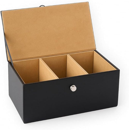 Premium Tea Box Organizer - Elegant Tea Bag Storage Container with 60 Tea Bag Holder Capacity - Vegan Leather Exterior and Velvet Fabric Interior