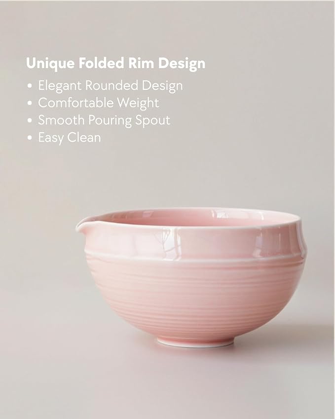Matcha Set, 5 Pcs Matcha Whisk Set – Elegant Rounded Design Bowl with Folded Rim, Glossy Pink Glaze, Comfortable to Use