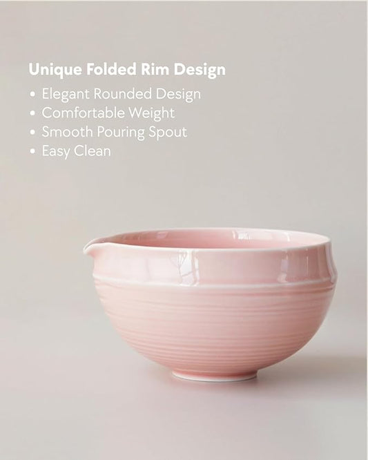 Matcha Set, 5 Pcs Matcha Whisk Set – Elegant Rounded Design Bowl with Folded Rim, Glossy Pink Glaze, Comfortable to Use