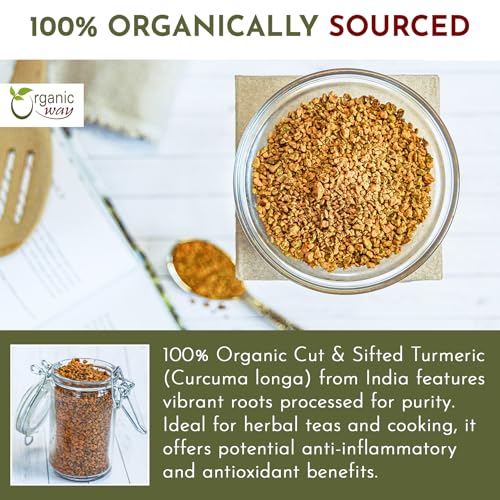Organic Way Turmeric/Haldi Root Cut & Sifted (Curcuma Longa) - Herbal Tea | Kosher & USDA Certified | Vegan, Non-GMO & Gluten Free | Tested for Heavy Metal and Purity | Raw from India (1LBS / 16Oz.)
