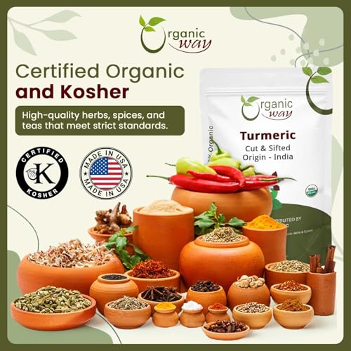 Organic Way Turmeric Root Cut & Sifted (Curcuma Longa) - Herbal Tea | Kosher & USDA Certified | Vegan, Non-GMO & Gluten Free | Tested for Heavy Metal and Purity | 100% Raw from India (1/2LBS / 8Oz.)