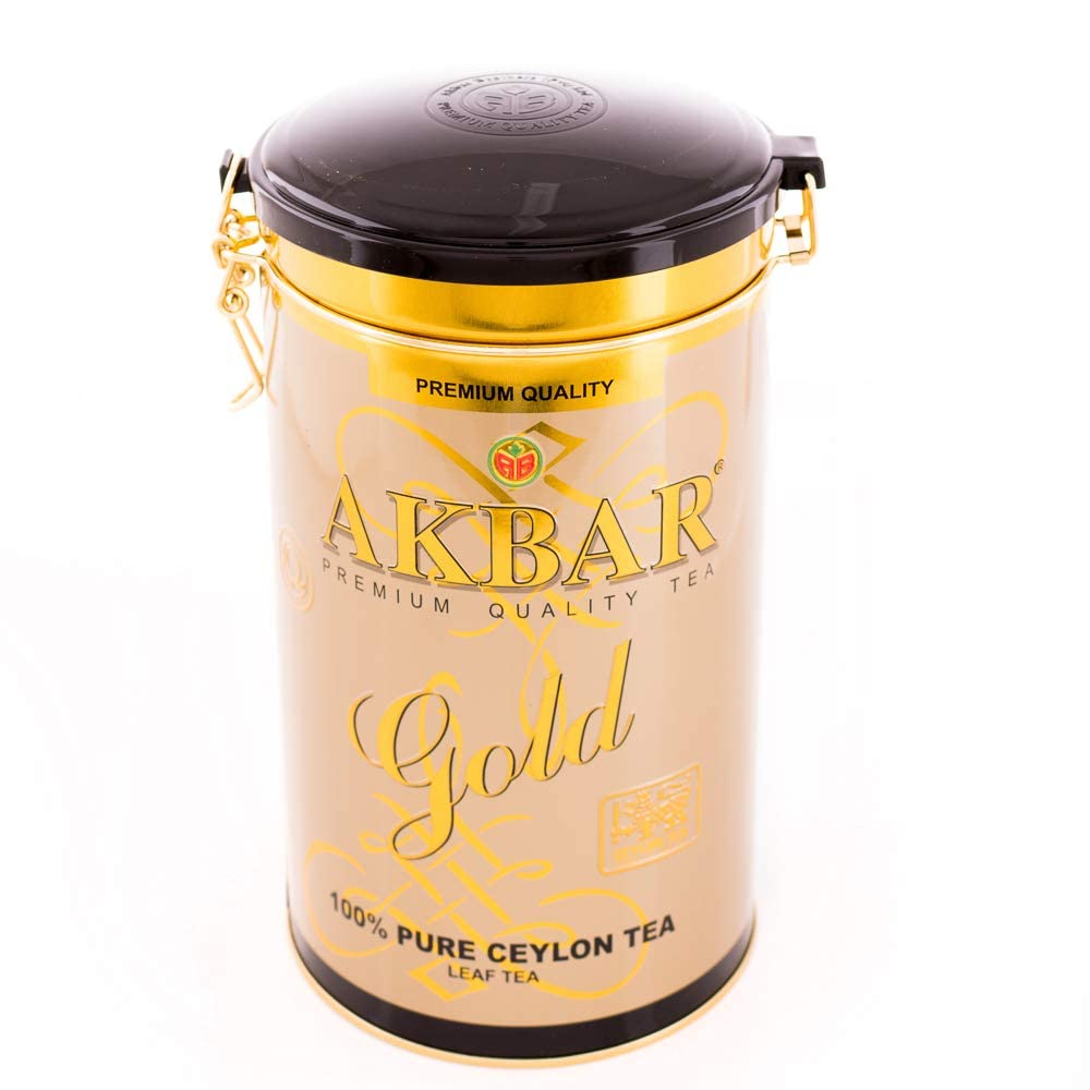 Akbar Gold – 100% Pure Ceylon Loose Leaf Black Tea, FBOP Grade, Premium Gold Tin 450g | Smooth Sri Lankan Blend | Flowery Broken Orange Pekoe