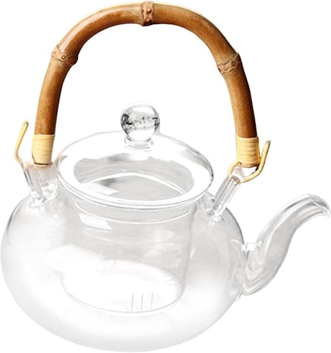 Glass Tea Pot with Infuser Wood Handle Carafe for Loose Leaf Beverage Milk