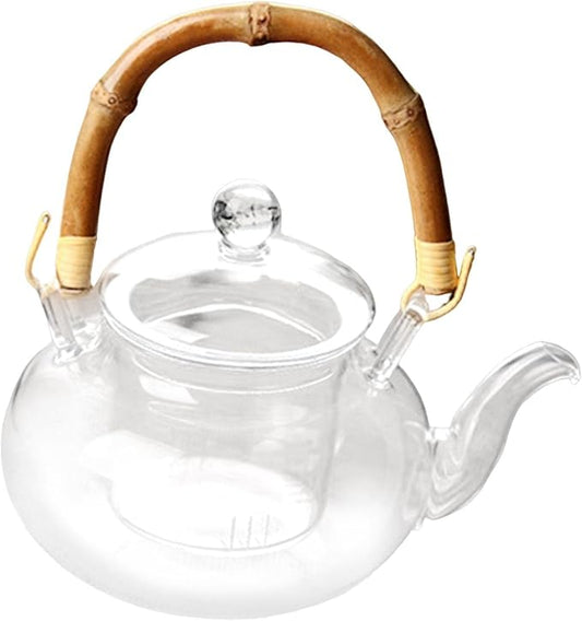 Glass Tea Pot with Infuser Wood Handle Carafe for Loose Leaf Beverage Milk