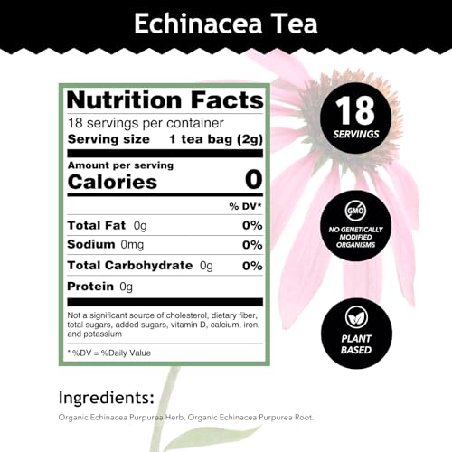 Buddha Teas - Organic Echinacea Tea - Herbal Tea - Immune Boosting - With Antioxidants & Minerals - Clean Ingredients - Caffeine Free - 18 Tea Bags (Pack of 1)