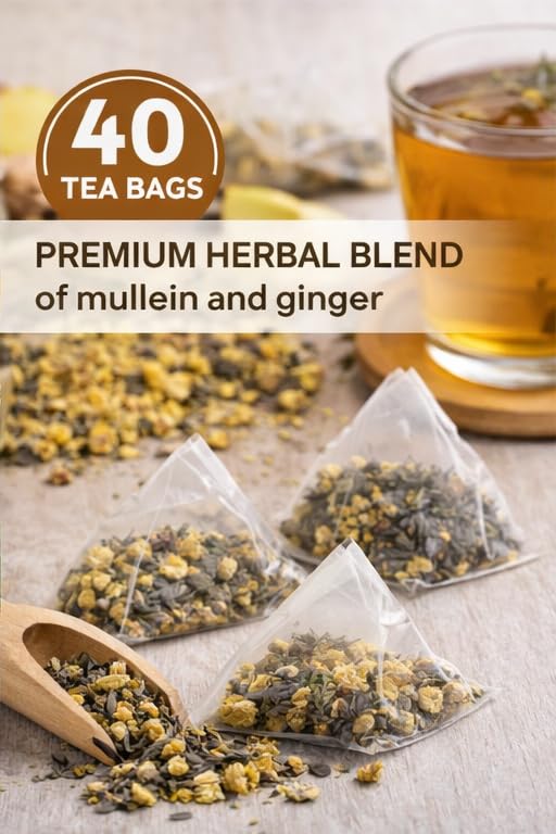 Mullein Tea with Ginger – 40 Tea Bags (2.82 oz) – Herbal Tea Blend for Lung & Respiratory Support – Caffeine-Free Natural Detox & Soothing Tea – Smooth Earthy Flavor