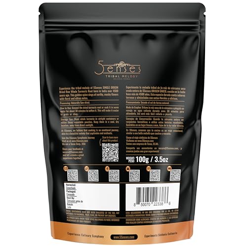 5Senses Dried Whole Turmeric Root | Curcuma | Tribal Melody | Single Origin, Non-GMO, Fairtrade | Whole Turmeric Root | Vegan | Gluten Free | Sun Dried | Indian Spice (3.5oz/100g)