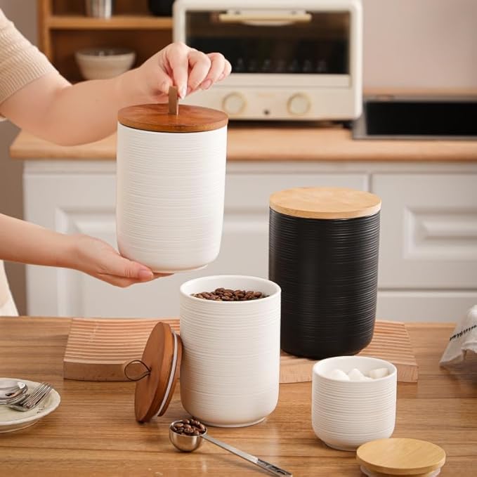 Comeon Ceramics Canister with Lid, Matcha Container Jar for Spice Sugar Tea Bag Coffee Canister Sets for Kitchen Counter with Bamboo Lid (White)