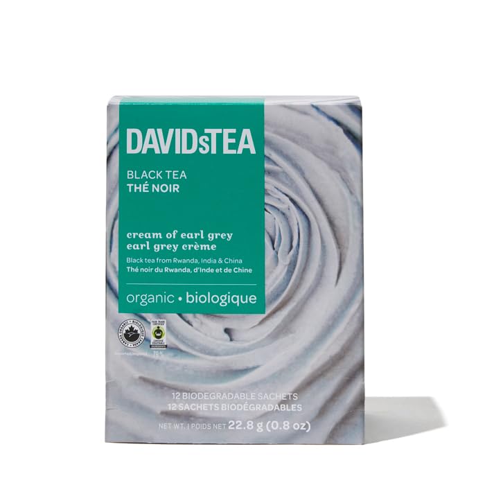 DAVIDsTEA Organic Cream of Earl Grey – High Caffeine Black Tea with Bergamot & Natural Vanilla – 12 Count – Smooth, Citrusy & Rich Breakfast Blend with a Comforting Creamy Twist