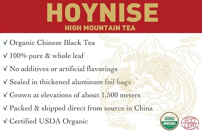 HOYNISE - USDA Organic Black Tea Loose Leaf - Yunnan Dianhong Black Tea - Organic Breakfast Tea - Rich Aroma, Full-Bodied Flavor - High Mountain Grown, 100g/3.5oz