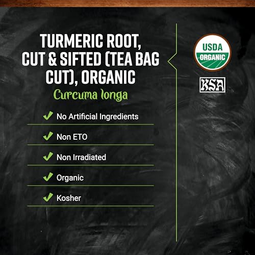 Frontier Organic Tea Bag Cut Turmeric Root, 1-Pound Bulk, Ideal for Iced Tea, Pickling Brines, Hot Tea, Sweet, Warm, Peppery