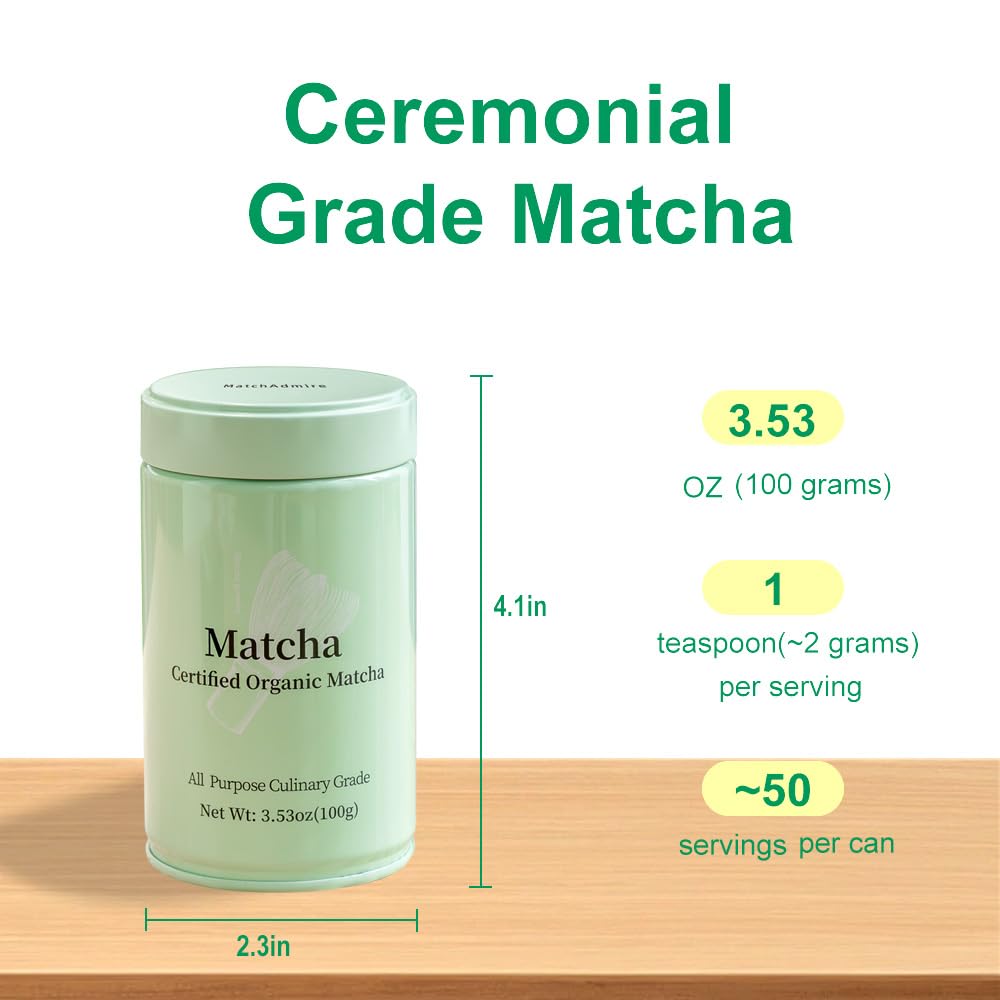 MatchAdmire Matcha Green Tea Powder - Premium First Harvest USDA Organic Gluten-Free Vegan, 100% Pure Unsweetened No Additives, 3.53oz Tin (All Purpose Culinary Grade Matcha)