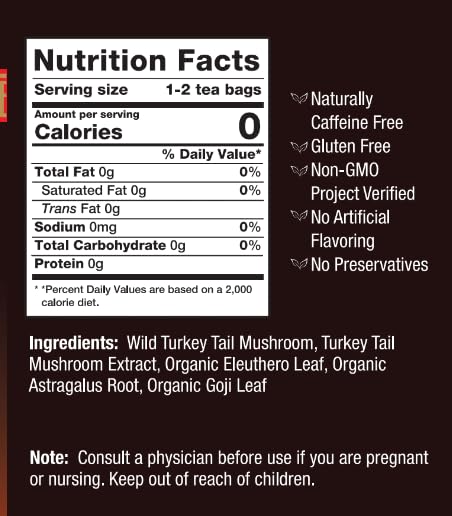 Bravo Tea Turkey Tail Mushroom Herbal Tea, Caffeine Free 20 Tea Bags