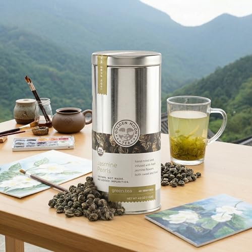 Golden Moon Tea Organic Jasmine Pearls Green Tea - Loose Leaf Dragon Pearls, Premium Grade, Non GMO - Travel Tin (48 Servings)