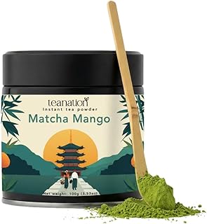 Tea Nation Matcha Mango Latte – Instant Matcha Latte Powder Drink Mix with Real Mango | Mango Green Tea Energy Drink | Smooth Energy Boost | Vegan, No Additives | 100g