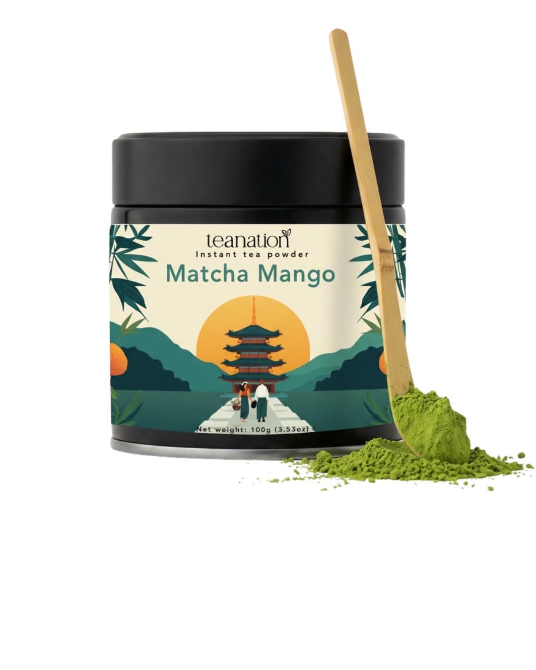 Tea Nation Matcha Mango Latte – Instant Matcha Latte Powder Drink Mix with Real Mango | Mango Green Tea Energy Drink | Smooth Energy Boost | Vegan, No Additives | 100g