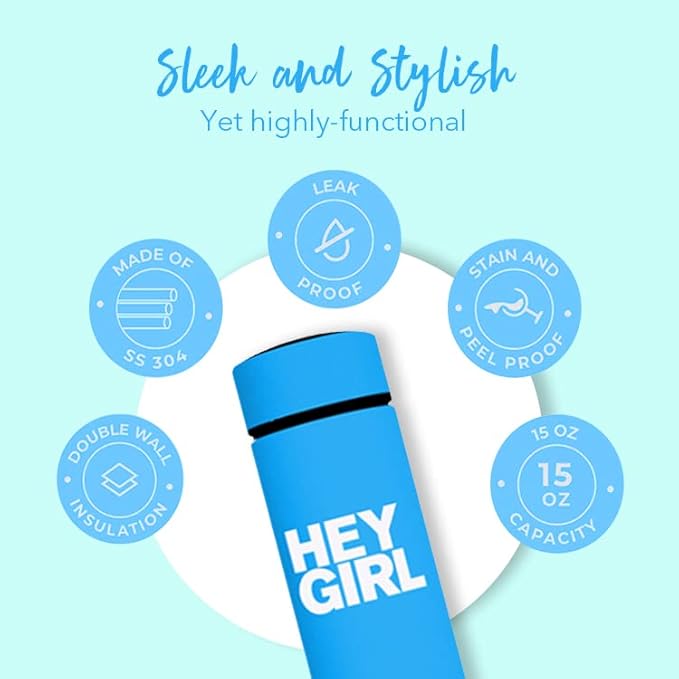 Hey Girl Tea Infuser Bottle 450ml - Insulated Stainless Steel Water Bottle - Tea Tumbler with Tea Diffuser