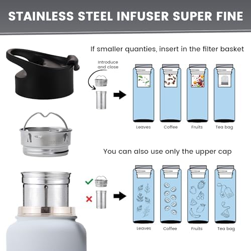 Lexlion Tea Infuser Water Bottle 32 Oz – Triple Wall Insulated Stainless Steel, Loose Leaf & Fruit Strainer, 3 Leakproof Lids