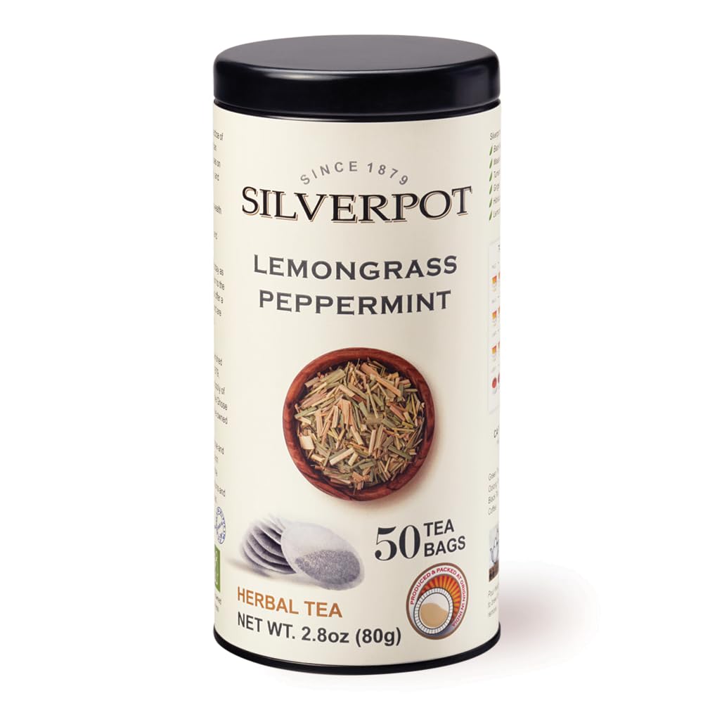 Silverpot Lemongrass &amp; Peppermint Tea, 50 Count, Lemongrass Herbal Tea, Cooling &amp; Refreshing, Mint Leaves, Peppermint Tea, Hot or Iced, Caffeine Free, 100% Natural