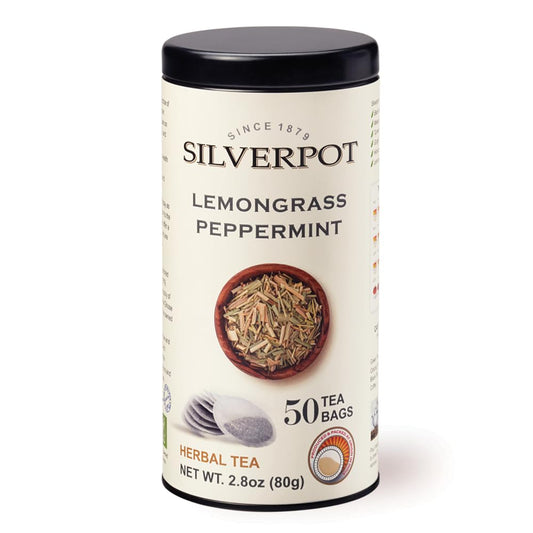 Silverpot Lemongrass &amp; Peppermint Tea, 50 Count, Lemongrass Herbal Tea, Cooling &amp; Refreshing, Mint Leaves, Peppermint Tea, Hot or Iced, Caffeine Free, 100% Natural