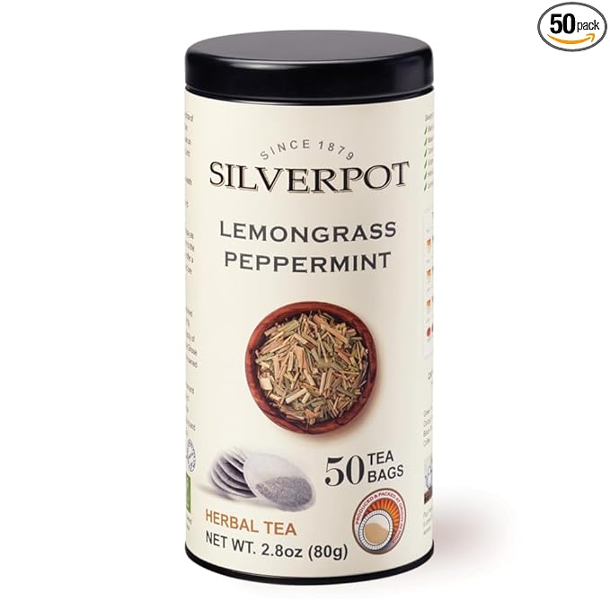 Silverpot Lemongrass & Peppermint - 50 Round Tea Bags, Cooling Citrus Mint Flavor, 100% Natural, Caffeine Free, Reusable Tin