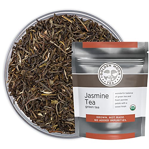 Golden Moon Tea Organic Jasmine Green Tea - Finest Leaves & Flowers - Loose Leaf, Non-GMO - Travel Tin (34 Servings)
