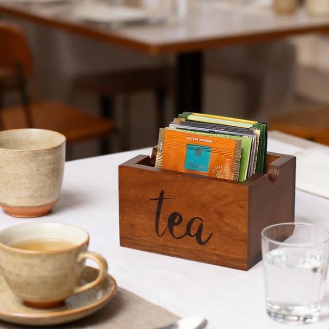 Acacia Sugar Packet Caddy for Coffee Bar, Farmhouse Wood Sugar Holder Packets , Sugar Packet Container, Small Tea Bag Organizer for Office Table,Hotel, Restaurant, Brown Labeled "Tea"