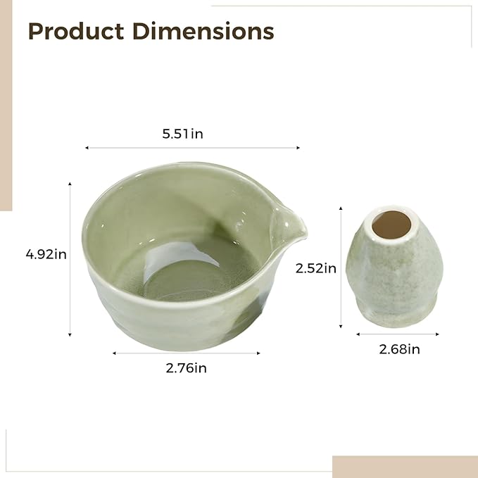 Matcha Bowl and Whisk Set with Holder, 450 ml Ceramic Chawan Matcha Bowl with Spout, Microwave and Dishwasher Safe, Green Glaze Matcha Bowl Set in Gift Box for Tea Lovers