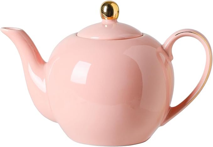 30oz Pink Porcelain Teapot, Blush Ceramic Teapot with Gold Trim, Romantic Teapot for Loose Leaf Tea, Tea Parties Gifts