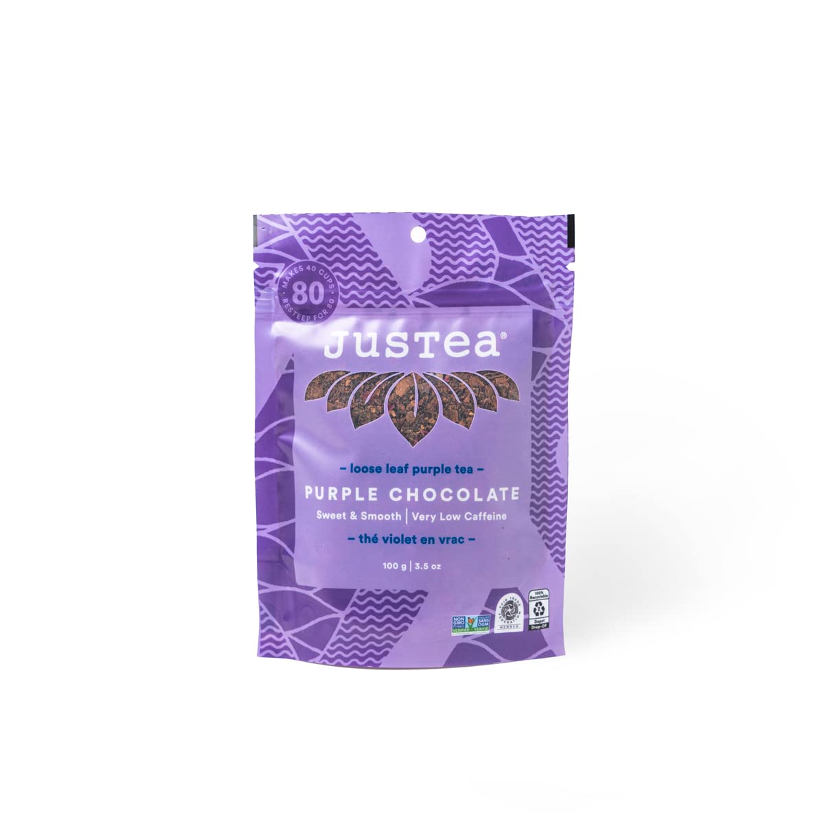 JusTea PURPLE CHOCOLATE | Loose Leaf Purple Tea | Tin with Hand Carved Tea Spoon | 40+ Cups (3.5oz) | Very Low Caffeine | Award-Winning | Fair Trade | Non-GMO