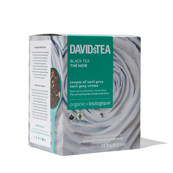 DAVIDsTEA Organic Cream of Earl Grey – High Caffeine Black Tea with Bergamot & Natural Vanilla – 12 Count – Smooth, Citrusy & Rich Breakfast Blend with a Comforting Creamy Twist