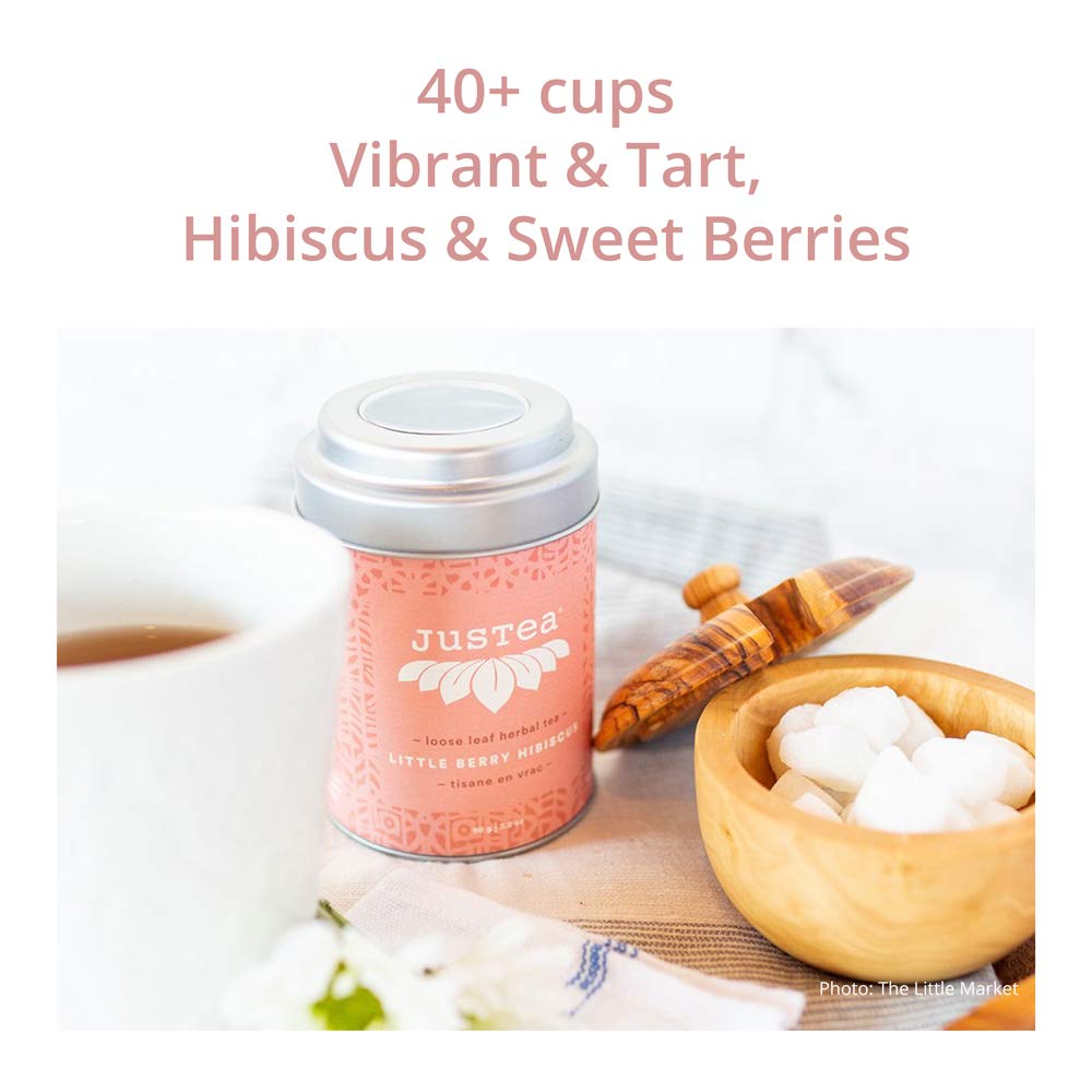 JusTea LITTLE BERRY HIBISCUS Loose Leaf Herbal Tea, 40+ Cups Tin with Spoon | Fair-Trade LITTLE BERRY HIBISCUS Loose Leaf Herbal Tea. 90g/3.2oz Tin with a Hand-Carved Tea Spoon. Caffeine-Free. Organic.