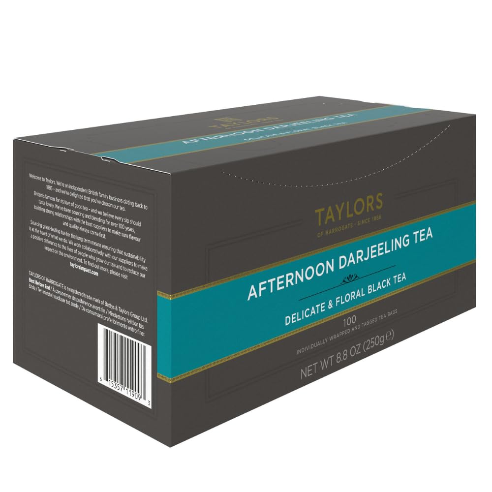 Taylors of Harrogate Afternoon Darjeeling, Black Tea, Individually Wrapped Bags 100 Count (Pack of 1), Delicate, Sweet & Floral, Caffeinated, Enjoy Hot or Iced, 100 Teabags