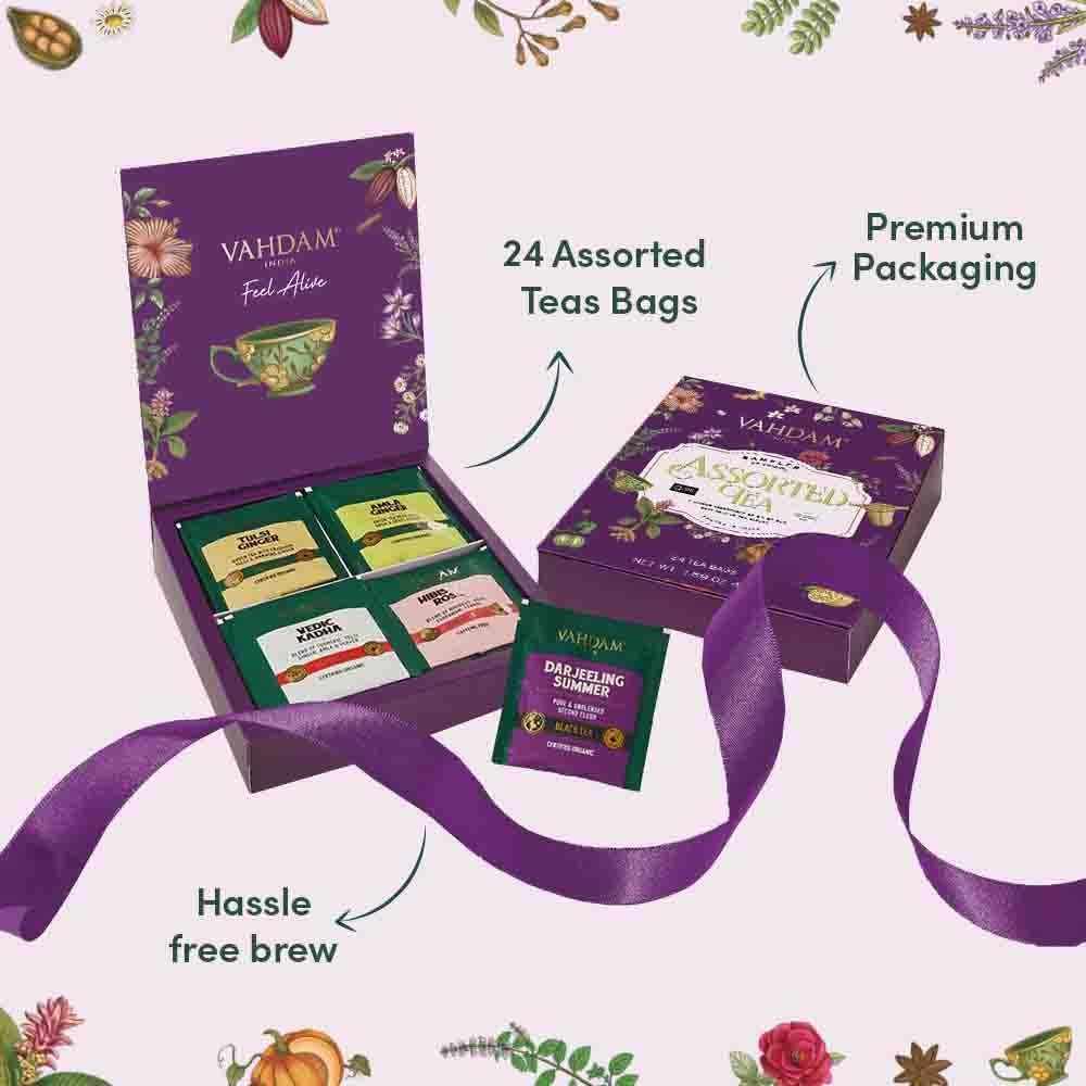 VAHDAM, Assorted Tea in Presentation Box (24 Variants, 24 Pyramid Tea Bags) Long Leaf Pyramid Variety Pack | Premium Tea Gifts | Gifts for Women & Men