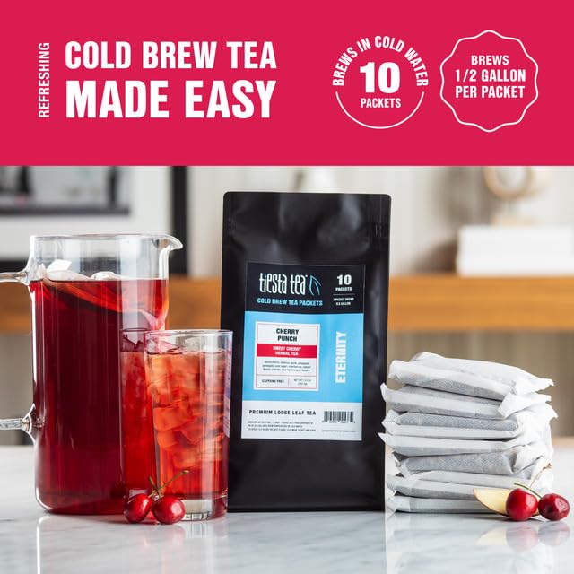 Tiesta Tea - Cherry Punch Cold Brew, Loose Leaf, Sweet Cherry Herbal Tea | Premium Iced, Non-Caffeinated Cold Brew Packets, Makes 64 oz of Pitcher Per Bag (Pack of 10)