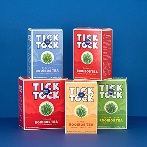 TICK TOCK TEAS Organic Rooibos Tea Bags - Naturally Caffeine Free Red Bush Herbal Tea from South Africa | Smooth & Rich Flavor, Low Tannin, Enjoy Hot or Iced with Milk, Lemon, or Honey - 80 Count