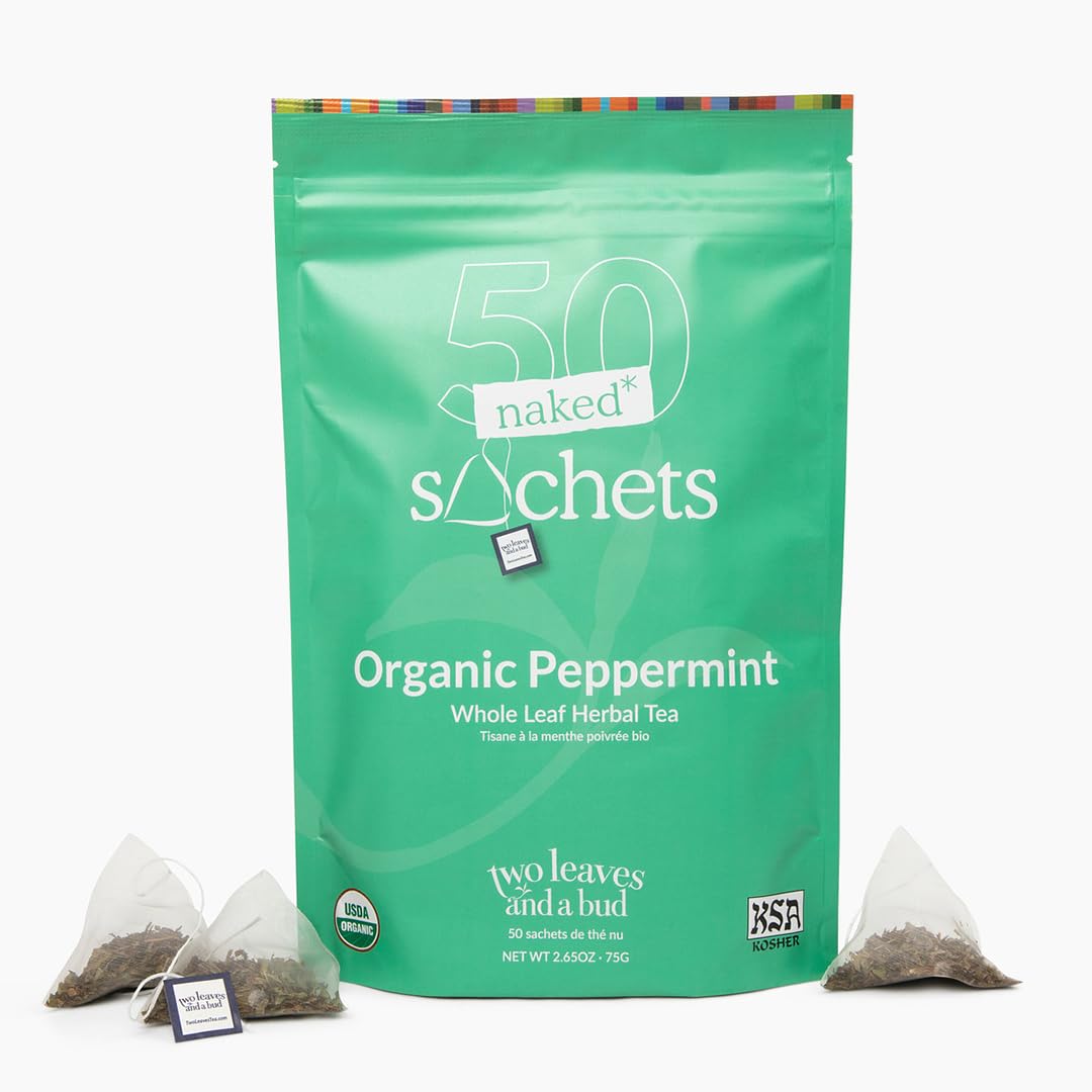 Two Leaves and a Bud Organic Peppermint Naked Tea Sachets, 50 Ct | Naturally Caffeine Free, Whole Leaf Herbal Tea in Unwrapped Pyramid Sachets, Resealable Bag