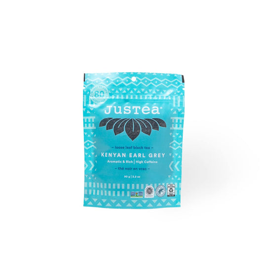 JusTea KENYAN EARL GREY Loose Leaf Black Tea, 40+ Cups Pouch, 4/5 Caffeine | Fair-Trade KENYAN EARL GREY Loose Leaf Black Tea. 90g/3.2oz Resealable Pouch. Steeps 40+ cups. 4/5 Caffeine. Organic.
