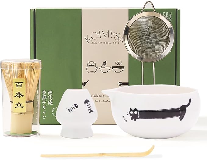 Matcha Whisk Set Cat Themed, Cute Japanese Matcha Set Preparation Gift Kit Including Ceramic Bowl and Whisk Holder, Bamboo Scoop, Birthday Gift for Women Girls Wife, White