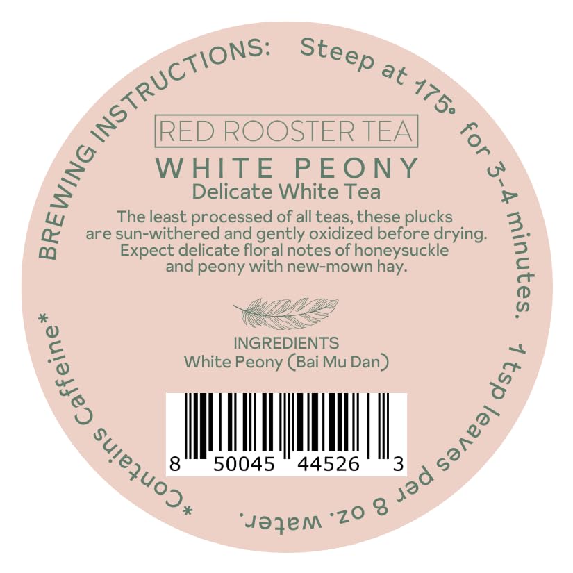 Red Rooster Tea White Peony White Tea – Single Estate Bai Mu Dan – Lightly Oxidized Loose Leaf – 2oz Canister – Makes ~30 Cups