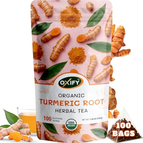 Oxify Organic Turmeric Root Herbal Tea - 100 Eco Friendly Tea Bags (100 Tea Bags, Turmeric)