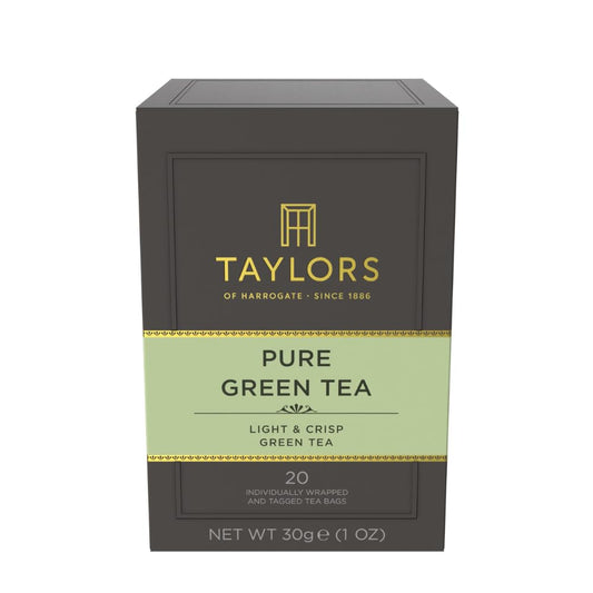 Taylors of Harrogate Pure Green Tea, Individually Wrapped Bags, 20 Count, Delicate, Mellow and Crisp, Caffeinated, Enjoy Hot or Iced, 20 Teabags