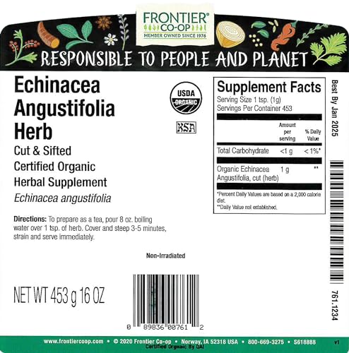 Frontier Co-op Organic Echinacea Angustifolia Herb, 1lb Bulk Bag - Cut and Sifted, Dried - Ideal for Echinacea Root Tea and Herbal Uses, Kosher